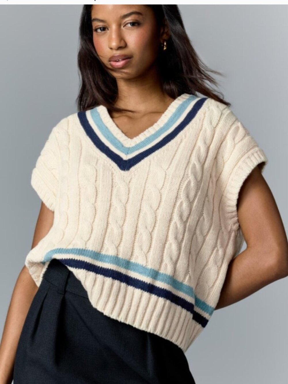 Polo Ralph Lauren Cable-Knit Cotton Cricket Sweater Vest Cream Stripe Sz S
